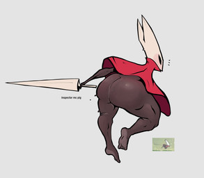 2_horns ambiguous_gender barefoot big_butt biped black_eyes black_text butt clothing empty_eyes feet holding_melee_weapon holding_object holding_weapon horn melee_weapon pose rear_view red_clothing simple_background solo text weapon inspectormcpig hollow_knight:_silksong hollow_knight_(franchise) team_cherry hornet_(hollow_knight) arthropod 2025 artist_name english_text hi_res female_(lore)