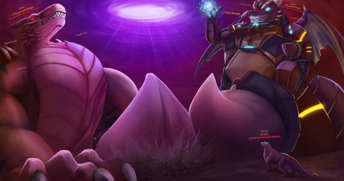 abstract_background anthro big_penis body_size_growth boss_fight chest_scar claws cloud crushed_object destruction duo elemental_manipulation evil_grin fire fire_manipulation gameplay_mechanics genitals glowing glowing_eyes grin group horn huge_penis hyper hyper_genitalia hyper_penis larger_male machine macro macro_focus magic male male/male metal muscular muscular_anthro muscular_male nude penis penis_size_difference scales scar sharp_teeth size_difference size_transformation sky smile spiral_background teeth text transformation conditional_dnp olexafox capcom monster_hunter grev_(greviste) jared_(rakuenwolf) bovid caprine dinosaur flying_wyvern mammal prehistoric_species reptile scalie tigrex digital_media_(artwork) hi_res