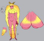 antennae_(anatomy) anthro claws fuzzy genitals male muscular penis pink_body sharp_teeth solo teeth wings cupic arthropod insect lepidopteran moth rosy_maple_moth hi_res