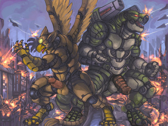 abs aircraft airplane anthro balls beak biceps biped bodily_fluids brown_body building building_destruction city city_background city_crushing city_destruction cityscape claws destruction duo erection extreme_size_difference feathered_wings feathers feet finger_claws fingers fire genitals green_body house humanoid_genitalia landscape_dwarfing machine macro macro_anthro macro_male male mechanic muscular muscular_anthro muscular_male nude open_mouth outside paws pecs penis rampage size_difference sky stomping tail toe_claws toes vehicle vein veiny_penis wings kiryu mythology carpo typhek avian dinosaur gryphon mythological_avian mythological_creature prehistoric_species reptile saurischian scalie theropod tyrannosaurid tyrannosauroid tyrannosaurus tyrannosaurus_rex 4:3 hi_res
