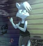 anthro breasts cigarette clothed clothing female frown fur graffiti outside smoking solo text white_body white_fur sonderjen cynthia_(sonderjen) domestic_cat felid feline felis mammal english_text