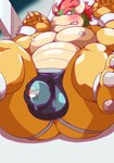 2021 5_fingers absurd_res anthro balls_outline barazoku bdsm belly blush bound bowser bulge butt claws clothing cuff_(restraint) detailed_bulge feet fingers genital_outline hi_res horn humanoid_hands jockstrap kemono koopa kururur444 lying male mario_bros moobs muscular muscular_sub nintendo nipples overweight overweight_male penis_outline restraints scalie shackles solo submissive submissive_male underwear