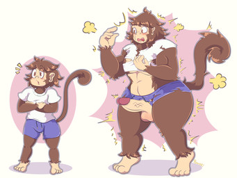 anthro balls barefoot blue_bottomwear blue_clothing blue_shorts blush bottomwear brown_body brown_hair clothing erection feet fingers genitals hair larger_male looking_at_self male multicolored_body orange_eyes penis pose raised_tail round_ears shirt shocked shorts simple_background size_difference solo standing tail thick_thighs toes topwear torn_bottomwear torn_clothing torn_shirt torn_shorts torn_topwear transformation two_tone_body white_background white_clothing white_shirt white_topwear alepawski joey_(impulse8) haplorhine mammal monkey primate 2024 4:3 absurd_res hi_res