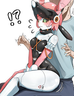 5_fingers antenna_wire armwear big_butt black_body black_sclera blue_bottomwear blue_clothing blue_pants blue_shirt blue_topwear bodily_fluids bottomwear breasts butt clothing collar duo elbow_gloves emanata faceless_character faceless_human faceless_male female fingers frilly frilly_clothing frilly_gloves gloves green_eyes hair hands_between_legs handwear interrobang larger_human larger_male legwear machine male male/female medium_breasts metallic_hair mouth_closed multicolored_body on_lap pants pink_armwear pink_clothing pink_elbow_gloves pink_gloves pink_hair pink_handwear pink_legwear pink_thigh_highs pseudo_hair pupils shaking shirt side_view simple_background sitting_on_lap size_difference smaller_female smaller_humanoid sweat sweatdrop thick_thighs thigh_highs topwear triangle_(shape) unusual_pupils white_background white_body wide_hips sakatomo mihoyo zenless_zone_zero aria_(zenless_zone_zero) human humanoid mammal robot robot_humanoid 2026 absurd_res hi_res