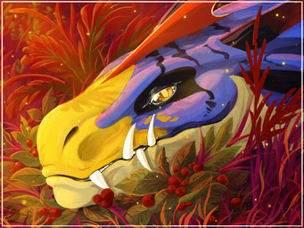 berry blue_body fantasy feral fern fin food fruit horn male markings morning plant solo teeth teeth_showing yellow_eyes nokiout mythology dragon mythological_creature mythological_scalie scalie 4:3 portrait