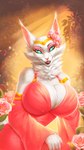 anthro big_breasts blue_eyes breasts clothed clothing crown dress eyeshadow fantasy female flower fur gold_(metal) gold_jewelry headgear huge_breasts inner_ear_fluff jewelry lips lipstick long_ears looking_at_viewer makeup pink_eyeshadow plant rose_(flower) smile solo sparkles tiara tuft rizonik dolce_vita domestic_cat felid feline felis mammal 2022 colored detailed digital_drawing_(artwork) digital_media_(artwork) digital_painting_(artwork) hi_res painting_(artwork) portrait shaded soft_shading