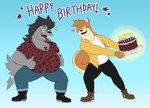 anthro belly birthday birthday_cake black_boots black_bottomwear black_clothing black_footwear black_hair black_nose black_pants blue_background blue_bottomwear blue_clothing blue_pants boots bottomwear brown_body brown_clothing brown_footwear brown_fur brown_shoes cake candle chest_tuft clothing cuffed_jeans denim denim_bottomwear denim_clothing dessert double_thumbs_up duo ear_piercing eye_scar eyewear facial_scar fangs food footwear fur gesture glasses gradient_background grey_body grey_fur hair hand_gesture heart_symbol jacket jeans looking_at_another male male/male musclegut muscular muscular_anthro muscular_male one_eye_closed open_mouth overweight overweight_anthro overweight_male pants piercing red_tongue ring scar shirt shoes simple_background star tail tail_motion tailwag teeth thumbs_up tongue tongue_out topwear tuft white_clothing white_shirt white_topwear yellow_clothing yellow_jacket_(clothing) yellow_topwear aceaximeck dobie_(javigameboy) lucas_(javigameboy) canid canine canis domestic_dog mammal shiba_inu spitz wolf hi_res