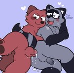 anal anal_penetration anthro balls biped blush blush_lines bodily_fluids breath brown_body brown_fur cum cum_inside dialogue duo ejaculation erection fur genital_fluids genitals grey_body grey_fur half-erect heart_symbol leaking_anus leaking_cum male male/male markings penetration penis ring_(marking) ringed_tail striped_markings striped_tail stripes sweat sweatdrop tail tail_markings nighttime_fishy oliver_(ohmygoditguppy) william_(ohmygoditguppy) mammal procyonid raccoon nonbinary_(lore) trans_(lore)