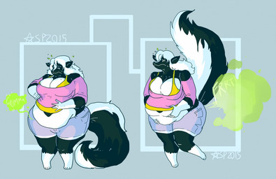 anthro barefoot belly belly_overhang belly_peeking_out big_belly big_breasts big_tail biped black_body black_fur bodily_fluids bottomwear breasts cleavage clothed clothing denim denim_bottomwear denim_clothing denim_shorts eyes_closed fart fart_cloud fart_fetish feet female fluffy fluffy_tail frown fur gassy green_fart_cloud grey_background hair hand_on_belly holding_belly looking_at_own_belly medium_hair multicolored_body multicolored_fur nervous nervous_sweat obese obese_anthro obese_female on_one_leg onomatopoeia overweight overweight_anthro overweight_female raised_tail rumbling_stomach shirt shorts simple_background solo sound_effects standing straining sweat tail text thick_thighs topwear two_tone_body two_tone_fur uncomfortable upset_stomach white_body white_fur white_hair wide_hips sweatpants_(artist) jessica_(coaster14) mammal mephitid skunk 2015 digital_drawing_(artwork) digital_media_(artwork) multiple_scenes signature