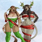 2_horns 3_fingers anthro antlers big_breasts blue_eyes braided_hair breasts brown_body brown_fur brown_hair christmas_clothing christmas_decorations cleavage clothed clothing curvy_figure duo ear_piercing ear_ring facial_piercing female fingers fur green_clothing green_legwear green_leotard green_thigh_highs grey_body grey_fur hair hands_on_hips holidays horn legwear leotard markings muscular_legs navel nose_piercing nose_ring nostril_piercing nostril_ring orange_eyes piercing red_markings red_ribbon ring_piercing simple_background skimpy standing thick_thighs thigh_highs voluptuous wide_hips planktonheretic blizzard_entertainment christmas warcraft honewa kaylan_ragehorn bovid bovine highmountain_tauren mammal tauren 1:1 2023 hi_res