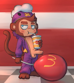 anthro balloon balloon_fetish blush clothing container cup drinking_straw drinking_straw_in_mouth floor foreskin freckled_face freckles genitals half-closed_eyes holding_balloon humanoid_genitalia humanoid_penis inflatable inside male narrowed_eyes navel onesie onesie_open penis short_anthro short_male solo standing tail tile tile_floor young young_male badipoki bloons_tower_defense mcdonald's ninja_kiwi nintendo pokemon dart_monkey_(bloons) drifloon generation_4_pokemon haplorhine mammal monkey pokemon_(species) primate absurd_res hi_res