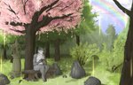 anthro bench calm chain cherry_blossom cross detailed_background eyes_closed flower forest fur grass grey_body grey_fur male nature nude outside plant prunus_(flower) rainbow raindrop raining rock sitting solo tree wet blokfort canid canine canis mammal wolf 2020