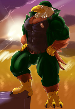 anthro belt big_muscles bulge clothing cloud coat dog_tags huge_muscles looking_at_viewer male muscular muscular_anthro muscular_male solo sun topwear fierglief major_de_la_vie accipitrid accipitriform avian bird eagle 2014 hi_res