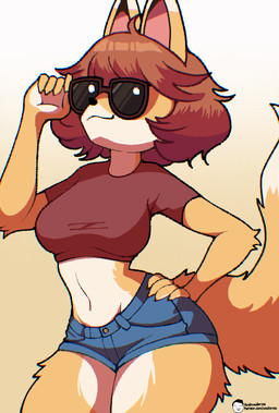5_fingers anthro arm_tuft big_tail biped black_nose blue_bottomwear blue_clothing blue_shorts bottomwear breasts closed_smile clothed clothed_anthro clothed_female clothing denim denim_bottomwear denim_clothing denim_shorts dipstick_ears dipstick_tail ear_markings elbow_tuft eyewear female female_anthro fingers fur hair hand_on_hip legs_together markings midriff mouth_closed multicolored_body multicolored_ears multicolored_fur navel orange_body orange_fur orange_tail pink_inner_ear red_clothing red_shirt red_topwear shirt shorts simple_background smile solo sunglasses tail tail_markings text topwear tuft white_body white_ear_tips white_fur white_tail_tip voider_(artist) bully_fox canid canine fox mammal 2025 artist_name chromatic_aberration digital_media_(artwork) hi_res url