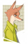 anthro clothed clothing fur green_eyes male necktie orange_body orange_fur shirt side_view smile solo topwear shimomaro disney zootopia nick_wilde canid canine fox mammal red_fox true_fox 2016