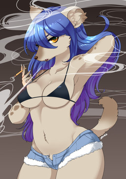 anthro bikini bikini_top blue_hair bottomwear breasts brown_eyes cigarette clothed clothing crossgender denim denim_bottomwear denim_clothing denim_shorts female gradient_hair gtf_crossgender hair hotpants itf_crossgender kemono midriff navel open_bottomwear open_clothing open_pants pants purple_hair shorts smoking solo swimwear two-piece_swimsuit unbuttoned under_boob lemoco interspecies_reviewers elza_(interspecies_reviewers) hyena mammal spotted_hyena digital_media_(artwork) hi_res shaded gynomorph_(lore)