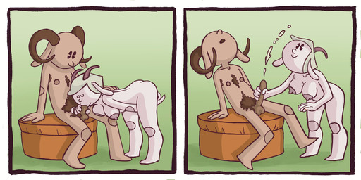 anthro balls blonde_hair bodily_fluids body_hair breasts chest_hair cum cumshot dark_body dark_skin duo ejaculation erection fellatio female genital_fluids genitals hair horn male male/female nipples nude nudist oral pale_skin penile penis pubes sex puppet_jockey shaggy_haired_pinup_artist faun humanoid absurd_res comic hi_res