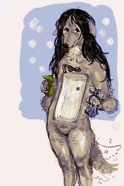 anthro biped black_eyes black_hair black_nose bubble featureless_crotch female fur grey_body grey_fur hair holding_object holding_sponge long_hair neck_tuft nude simple_background sink soap_dispenser solo sponge standing straight_hair tail tail_motion tailwag tuft sirguyofdykesborn sinkdog animate_inanimate canid canine canis domestic_dog mammal 2:3 digital_media_(artwork) hi_res
