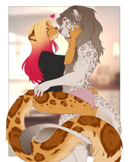 5_fingers anthro beard black_clothing black_shirt black_t-shirt black_topwear blue_eyes breasts claws clothed clothing duo entwined_tails eye_contact eyebrows eyelashes facial_hair female fingers fur green_eyes grey_body grey_eyes grey_fur grey_mane hair heart_symbol long_hair looking_at_another looking_at_partner mane panties pantsless pink_clothing pink_panties pink_underwear red_hair shirt sitting sitting_on_counter smile spots t-shirt tail tail_coil teeth topless topwear underwear underwear_only whiskers white_body white_fur kyotoleopard felid feline hybrid leopard lion mammal pantherine 2022 absurd_res digital_media_(artwork) hi_res
