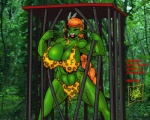 accessory bars blush bottomwear cage clothed clothing fangs feathers female forest green_body green_skin hair headband jungle loincloth muscular muscular_female muscular_humanoid not_furry orange_hair outside plant prisoner skimpy solo teeth tree lon40 shrapnel_(character) humanoid