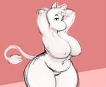 2023 anthro anthrofied big_breasts biped breasts colored_sketch drppng eyebrows eyelashes featureless_crotch female fur half-closed_eyes hands_behind_head head_tuft mammal moomin narrowed_eyes navel nipples portrait prick_ears red_background simple_background sketch snork_(moomin) snorkmaiden snout solo standing tail tail_tuft the_moomins thick_eyebrows thick_thighs three-quarter_portrait tuft white_body white_fur wide_hips