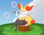 ambiguous_gender anthro biped bubble crossed_legs innuendo looking_at_viewer open_mouth sitting smile solo tongue blasticussaturn nintendo pokemon pokemon_amie braixen canid canine generation_6_pokemon mammal pokemon_(species) 2017 absurd_res hi_res