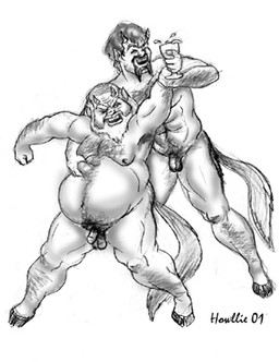 bald balls beard belly drunk duo facial_hair flaccid genitals hooves horn male not_furry nude overweight overweight_male penis substance_intoxication howllie satyr 2001 low_res monochrome