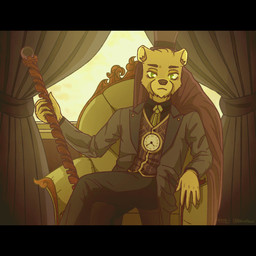 5_fingers anthro bottomwear brown_nose chair clock clothing curtains day eyebrows fingers fur furniture green_eyes hat headgear headwear inner_ear_fluff inside jacket male necktie pants shirt sitting solo staff top_hat topwear tuft vest window yellow_body yellow_fur yellow_inner_ear_fluff naturanevie five_nights_at_freddy's scottgames golden_freddy_(fnaf) bear mammal 1:1 hi_res shaded