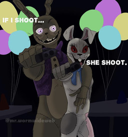 anthro bow_(feature) bow_in_front bow_tie breasts button_(fastener) clothing costume dialogue duo female fursuit gesture gun hand_gesture holding_breast humor long_ears looking_at_viewer male multicolored_body open_mouth open_smile pink_eyes pointing pointing_at_viewer ranged_weapon red_eyes smile talking_to_viewer text topwear vest weapon whiskers white_body yellow_body mr.wormdwideweb five_nights_at_freddy's five_nights_at_freddy's:_help_wanted five_nights_at_freddy's:_security_breach fnaf_vr_help_wanted scottgames steel_wool_studios glitchtrap vanny_(fnaf) lagomorph leporid mammal rabbit 2020 english_text meme watermark