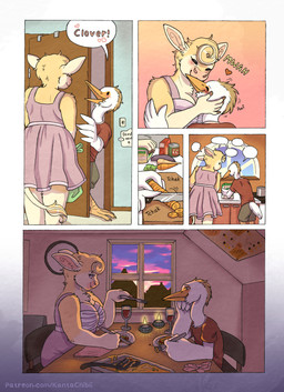 5_fingers anthro anthro_on_anthro barefoot blush bottomwear breasts carrot clothed clothed_anthro clothed_female clothed_male clothing cutlery cutting cutting_board dialogue dinner door dress duo evening feathers feet female fingers food fork fur happy hooves humanoid_hands interspecies interspecies_romance kissing kitchen kitchen_utensils knife lasagna male male/female page_number pasta plant romantic romantic_ambiance romantic_couple romantic_dinner shirt shorts smile speech_bubble tail tan_body tan_fur text tools topwear vegetable white_body white_feathers kantachibli clover_(kantachibli) phillip_(kantachibli) avian bird bovid bovine cattle heron mammal pelecaniform comic english_text hi_res url