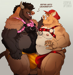 anthro biped brown_body brown_fur bulge clothing detailed_bulge duo eye_contact facial_piercing floppy_ears fur hair harness hat headgear headwear horn jockstrap looking_at_another male male/male musclegut muscular muscular_anthro muscular_male nipples nose_piercing nose_ring partially_clothed_anthro partially_clothed_male piercing red_clothing ring_piercing side_view simple_background slightly_chubby slightly_chubby_anthro slightly_chubby_male standing text tusks underwear sinfulspikes bovid bovine cattle mammal suid suine sus_(pig) wild_boar 2023 hi_res spanish_text translated