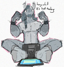 anthro athletic athletic_anthro athletic_male biped bodily_fluids computer electronics flustered laptop male nude_anthro nude_male solo sweat sweatdrop sweaty_body silkyboi21 equid equine horse mammal