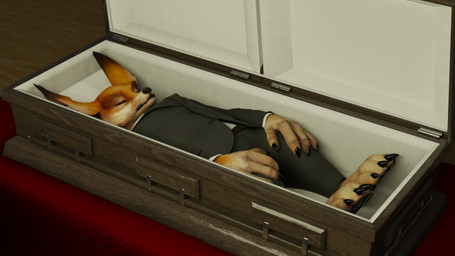 anthro belt big_ears black_clothing black_jacket black_suit black_topwear business_suit claws clothing coffin corpse death eyes_closed finger_claws funeral jacket lying male mouth_closed multicolored_body pawpads paws snuff solo suit toe_claws topwear ossiriss blizzard_entertainment warcraft canid canine fox mammal vulpera 16:9 3d_(artwork) digital_media_(artwork) hi_res widescreen