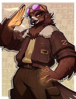 anthro aviator_jacket beak bottomwear brown_body brown_feathers clothed clothed_anthro clothed_male clothing curved_beak eyebrows eyewear eyewear_on_head feather_hands feathers fully_clothed fully_clothed_anthro fully_clothed_male gesture hand_on_hip jacket looking_at_viewer male neck_tuft pants salute solo sunglasses sunglasses_on_head tail tail_feathers topwear tuft wearing_sunglasses winged_arms wings budoti avian bird absurd_res hi_res