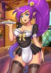 apron blue_eyes breasts cleavage clothed clothing detailed_background ear_piercing ear_ring female food hair humanoid_pointy_ears inside legwear long_hair maid_uniform not_furry piercing plate pointy_ears purple_hair ring_piercing smile solo stockings uniform redjet00 shantae_(series) wayforward shantae genie humanoid 2020