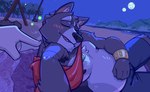 anthro barazoku biped blush cape claws clothed clothing duo eyes_closed finger_claws fingers gem gesture hand_gesture human_on_anthro humanoid_hands interspecies male male/male moon musclegut muscular muscular_anthro muscular_male night open_mouth outside pawpads plant pointing pointing_at_another shadow sitting smile topless topless_anthro topless_male tree wristband sadness_hao adastra adastra_(series) echo_project amicus_(adastra) canid canine canis human mammal wolf colored hi_res shaded