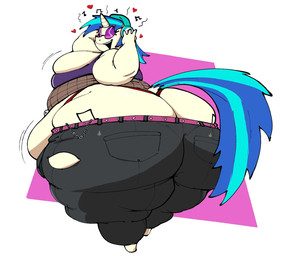 anthro belly belly_overhang belt big_belly big_breasts big_butt black_bottomwear black_clothing black_jeans black_pants blue_hair blue_highlights blue_tail bottomwear breasts butt chain cleavage cleavage_overflow clothed clothing cutie_mark denim denim_bottomwear denim_clothing electronics eyewear fat_arms female glasses hair hand_on_headphones hand_on_headwear headphones heart_symbol highlights_(coloring) horn huge_belly huge_breasts huge_butt huge_hips huge_thighs jeans looking_back low_pants makeup mascara morbidly_obese morbidly_obese_anthro morbidly_obese_female multicolored_hair multicolored_tail musical_note musical_symbol obese obese_anthro obese_female open_mouth open_smile overweight overweight_anthro overweight_female pants smile symbol tail thick_thighs thong tight_bottomwear tight_clothing tight_pants tight_topwear tinted_glasses toony topwear torn_bottomwear torn_clothing torn_pants underwear white_body wide_hips kaboodles friendship_is_magic hasbro my_little_pony mythology vinyl_scratch_(mlp) equid equine mammal mythological_creature mythological_equine unicorn hi_res