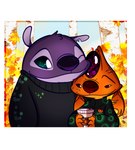 alternate_universe anthro autumn biped birch_tree border clothing container cup duo food fruit fur head_tuft holding_container holding_cup holding_object male notched_ear one_eye_closed orange_body plant pumpkin pupils purple_body purple_fur purple_nose red_nose scar size_difference smile sweater topwear tree tuft white_border white_pupils ryuko_rose disney lilo_and_stitch galena_(ryuko_rose) heat_(lilo_and_stitch) kixx_(lilo_and_stitch) alien experiment_(lilo_and_stitch) 2022 digital_drawing_(artwork) digital_media_(artwork) hi_res