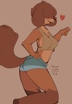 anthro black_nose bottomwear breasts brown_background brown_body brown_fur clothing countershade_torso countershading female fur gesture hand_gesture heart_symbol hotpants leg_markings markings midriff navel shorts side_boob simple_background socks_(marking) solo v_sign conditional_dnp tohupo mammal 2024 dated digital_drawing_(artwork) digital_media_(artwork) hi_res signature