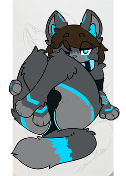 anthro arm_support brown_hair bulge butt clothed clothing collar fur grey_body grey_fur hair leaning leaning_backward leaning_on_elbow legs_up looking_at_viewer machine male one_eye_closed presenting presenting_hindquarters solo alrecsolus alrec_(character) android felid feline mammal robot hi_res