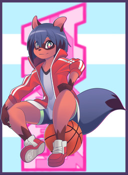 5_fingers anthro ball basketball_(ball) blue_hair bottomwear clothed clothing detailed_background female fingers hair jacket shorts sitting_on_ball solo tail text topwear rudragon brand_new_animal studio_trigger michiru_kagemori canid canine mammal raccoon_dog tanuki 2019 digital_media_(artwork) english_text hi_res