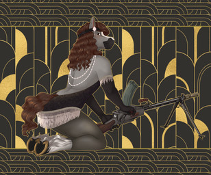 accessory anthro art_deco blaze_(marking) brown_eyes brown_hair clothed clothing crossdressing crossdressing_male facial_markings femboy flapper_dress fur gloves grey_body grey_fur hair handwear head_markings headband hooves jewelry kneeling leg_markings leggings legwear light_machine_gun madsen_machine_gun male markings necklace pose socks_(marking) solo underhoof white_markings pascalthepommie dallas_prairiewind equid equine horse mammal hi_res pinup