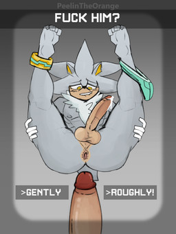 anklet anthro anus athletic balls big_penis bodily_fluids butt chest_tuft clothed clothing clothing_around_one_leg decision_making duo erection genital_fluids genitals humanoid_genitalia humanoid_penis imminent_sex jewelry leaking_precum legs_up lying male male/male offscreen_character on_back partially_clothed penis precum presenting presenting_anus profanity smile smirk solo_focus spread_legs spreading text tuft underwear underwear_around_one_leg underwear_down yellow_eyes peelin_the_orange peelintheorange sega sonic_the_hedgehog_(series) silver_the_hedgehog eulipotyphlan hedgehog mammal 3:4 english_text