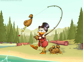anthro bag beak clothing coat coin currency_symbol dollar_sign feathers fishing fishing_rod forest gem gold_(metal) gold_coin hat headgear headwear humor log male money_bag plant red_clothing red_coat red_topwear river ruby_(gem) smile solo spats splash symbol top_hat topwear tree tree_stump white_body white_feathers wood ronindude disney ducktales ducktales_(2017) scrooge_mcduck anatid anseriform avian bird duck 4:3 absurd_res hi_res