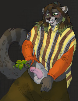 animal_genitalia anthro bottomwear bottomwear_down clothed clothing extreme_penetration feline_genitalia genitals green_eyes green_hair hair leopard_spots male nettles object_in_urethra pain pants pants_down partially_clothed penetration penis poncho solo spots tail urethral urethral_penetration kery_meow fluffingeheimen felid mammal pantherine snow_leopard hi_res