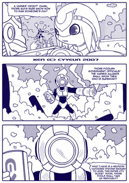 anthro armor detailed_background dialogue explosion female group gun_arm headgear helmet holding_object male smoke text trio weapon_arm cyyeun xen_(series) switch_(xen) alien humanoid unknown_species 2007 artist_name blue_and_white comic dated english_text monochrome