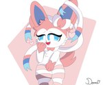 anthro clothing female feral footwear footwear_only fur hair heart_symbol mostly_nude pink_body pink_hair ribbons socks socks_only solo tail white_body white_fur demmy nintendo pokemon eeveelution generation_6_pokemon pokemon_(species) sylveon absurd_res hi_res