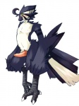 3:4 3_toes anthro avian barefoot beak biped bird blue_body blue_feathers blush claws erection feathers feet genitals green_eyes grey_body grey_feathers hi_res kosian kuroba looking_aside looking_at_viewer male nude penis simple_background solo tail tail_feathers toes white_background white_body white_feathers yellow_eyes