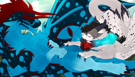 balls bodily_fluids claws duo fangs feathered_wings feathers flared_penis fur genital_fluids genitals horn knot male male/male medial_ring oral penis precum reclining silverandcyanide size_difference teeth wings glaredendriago mythology haloren silver_(silverandcyanide) avian bird dragon felkin mythological_creature mythological_scalie owl scalie vampire absurd_res hi_res