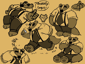 3_toes 4_fingers anthro belly bottomwear clothing feet fingers magnifying_glass male necktie overweight overweight_male pants shirt sitting sleeping solo standing text toes topwear bencomedion beastly_crimes beastly_crimes_(2024) chief_badger badger mammal mustelid musteline 2026 english_text hi_res